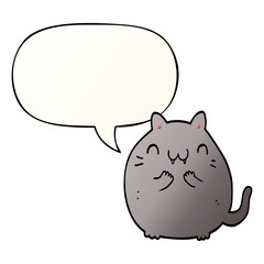 happy cartoon cat and speech bubble in smooth gradient style