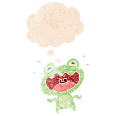 cartoon frog frightened and thought bubble in retro textured style