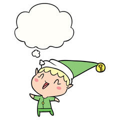 cartoon happy christmas elf and thought bubble