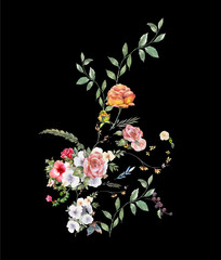 watercolor painting of leaves and flower, on dark background