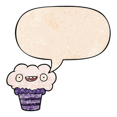 funny cartoon cupcake and speech bubble in retro texture style