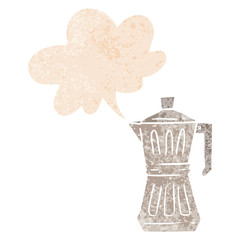 cartoon espresso maker and speech bubble in retro textured style