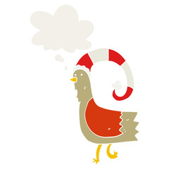 cartoon chicken in funny christmas hat and thought bubble in retro style
