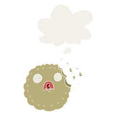 frightened cookie cartoon and thought bubble in retro style