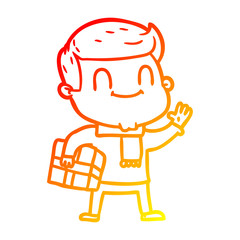 warm gradient line drawing cartoon friendly man with xmas gift