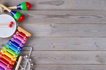 toys on wooden background. top view