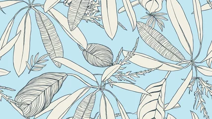 Tuinposter Foliage seamless pattern, light brown leaves on blue background, line art ink drawing vintage style © momosama