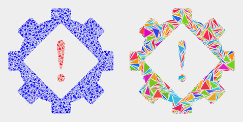 Gear warning mosaic icon of triangle elements which have various sizes and shapes and colors. Geometric abstract vector design concept of gear warning.