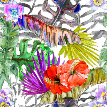 Hawaiian Tropical gungle colorful watercolor hand drawn seamless pattern with plants and birds