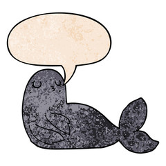 cartoon seal and speech bubble in retro texture style