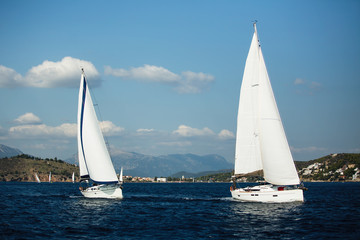 Fototapeta na wymiar Sailing ship yachts with white sails in the open sea..