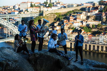 Group of musicians, Jazz band, play music in the old Porto, Portugal.