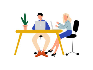Young Man and Woman Sitting at Desk with Computers, Colleagues Working Together in Office Vector Illustration