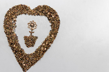 Aus Blumensamen gelegter Blumentopf mit Blume wird umschlossen von einem Herz aus Bumensaat zum Ausdruck von Liebe zu Natur, Blumen und Gärtnerei