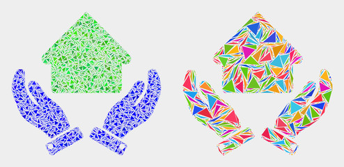 House care hands mosaic icon of triangle elements which have different sizes and shapes and colors. Geometric abstract vector illustration of house care hands.