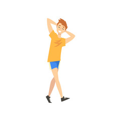 Smiling Teen Boy Walking with His Hands Behind his Head, Happy Child on Summer Vacation Vector Illustration