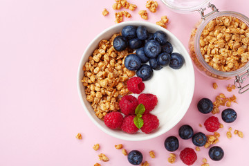 High protein and diet breakfast. Homemade granola crisp with raspberry, blueberry and greek yogurt....