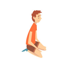 Boy Sitting on His Knees, Happy Child on Summer Vacation Vector Illustration