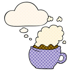 cartoon hot cup of coffee and thought bubble in comic book style