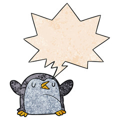cartoon penguin and speech bubble in retro texture style