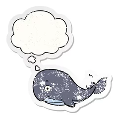 Tuinposter cartoon walvis en gedachte bel als een versleten versleten sticker © lineartestpilot
