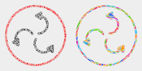 Cyclone arrows mosaic icon of triangle items which have variable sizes and shapes and colors. Geometric abstract vector design concept of cyclone arrows.