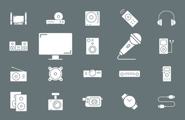 Digital video and audio equipment icons set - Vector solid silhouettes of media technology and television for the site or interface