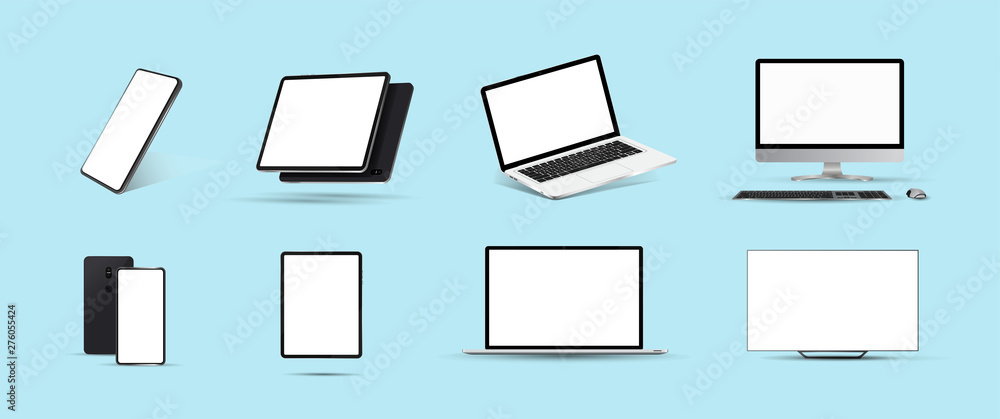 Poster Great minimalistic 3d device set. Mockups at different angles. Smartphone, tablet, laptop, pc and TV. Vector collection Mockups generic device. Template for infographics or presentation. Mockup set