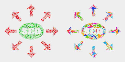 Seo distribution arrows collage icon of triangle items which have various sizes and shapes and colors. Geometric abstract vector design concept of seo distribution arrows.