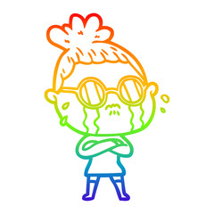 rainbow gradient line drawing cartoon crying woman wearing spectacles