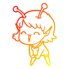 warm gradient line drawing cartoon alien girl laughing
