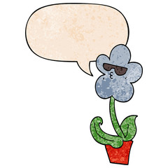 cool cartoon flower and speech bubble in retro texture style