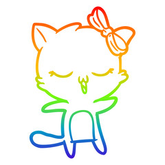 rainbow gradient line drawing cartoon cat with bow on head