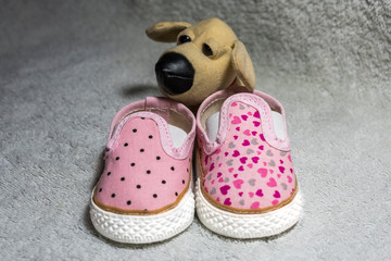 Pink baby shoes on white textured background
