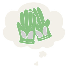 cartoon garden work gloves and thought bubble in retro style