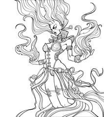 Fototapeta na wymiar Coloring page for adults , fiery girl in screaming in rage, holding fire in her hands.