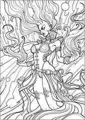 Plakat Coloring page for adults , fiery girl in screaming in rage, holding fire in her hands.