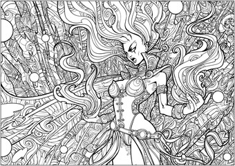 Fototapeta na wymiar Coloring page for adults , fiery girl in screaming in rage, holding fire in her hands.