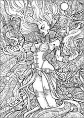Coloring page for adults , fiery girl in screaming in rage, holding fire in her hands.