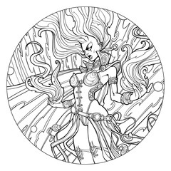 Coloring page for adults , fiery girl in screaming in rage, holding fire in her hands.
