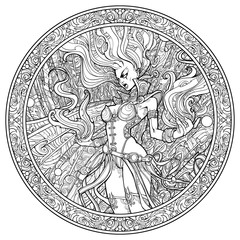 Naklejka premium Coloring page for adults , fiery girl in screaming in rage, holding fire in her hands.