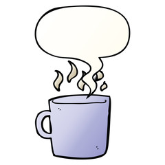 cartoon hot cup of coffee and speech bubble in smooth gradient style