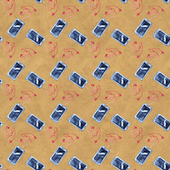 Mobile Devices, Smartphone, Seamless Pattern, Vintage Watercolor Background
