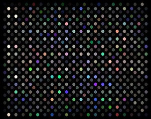 Mosaic holographic shimmer texture. Disco party decor background. Multicolor lights on black backdrop. 