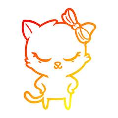 warm gradient line drawing cute cartoon cat with bow