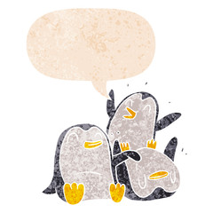 cartoon penguins and speech bubble in retro textured style