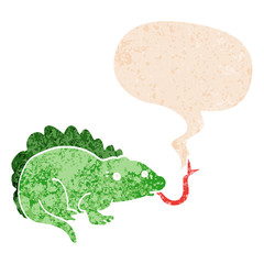 cartoon lizard and speech bubble in retro textured style