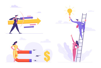 Business Success, Leadership, Goal Achievement Concept Set, Businessman with Arrow, Woman Attracting Money with Magnet, People Climbing Ladder to Reach Creative Idea. Cartoon Flat Vector Illustration