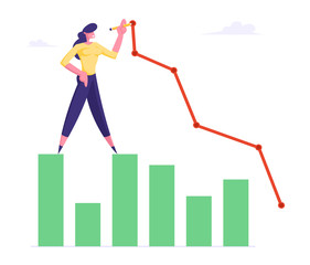 Young Business Woman Stand on Column Chart Drawing Broken Curve Line. Businesswoman Working on Growth Data Analysis Arrow Graph, Financial Profit Statistic Diagram. Cartoon Flat Vector Illustration