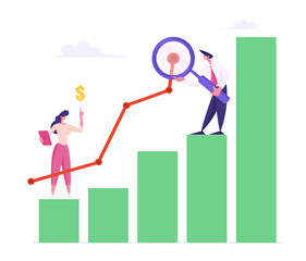 Business Man with Magnifying Glass and Woman Marketing Solution Development. Businesspeople Working on Growth Data Analysis Arrow Graph, Financial Statistic Diagram. Cartoon Flat Vector Illustration